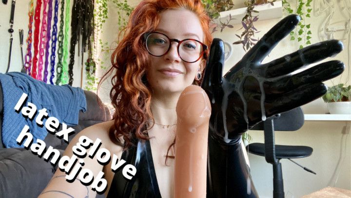 POV latex glove handjob and CEI with cumming dildo