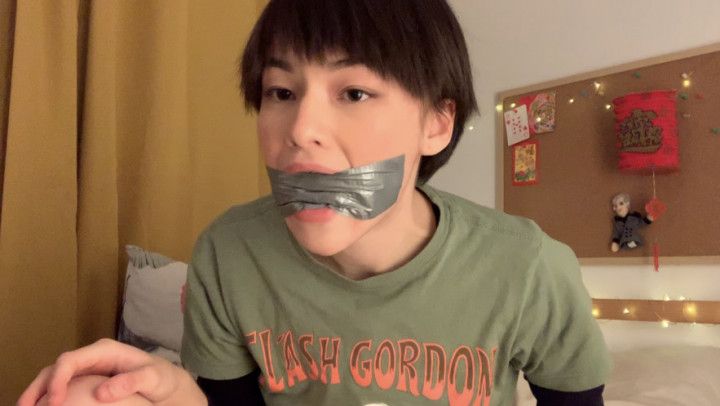 awkward asian cutie tape gag &amp; squirt
