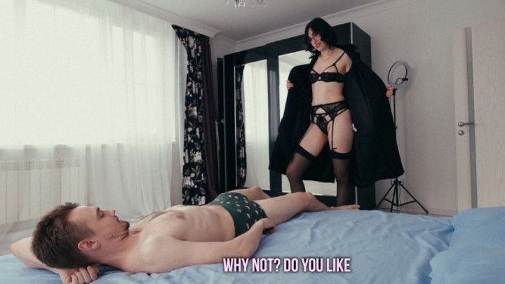 Slut in coat gets fucked hard on the bed