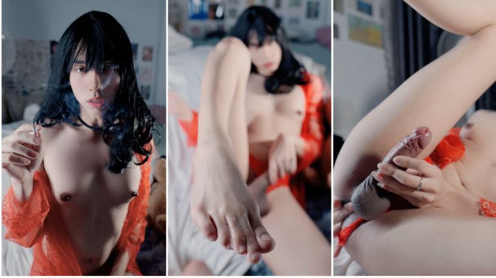 Asian Trans Nipple Piercing Smoking and Cumming