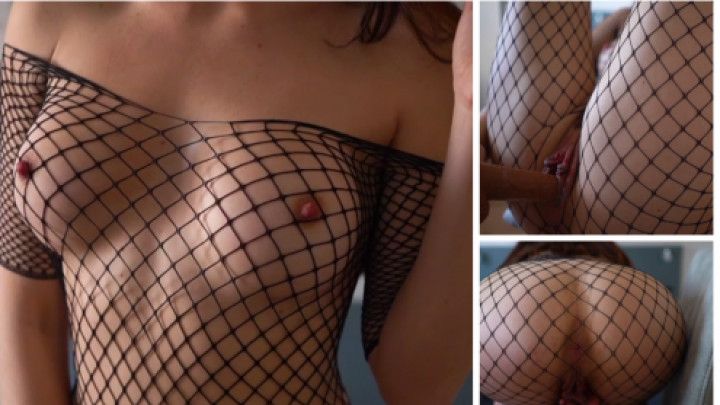 Fishnet Bodysuit fetish, real dildo orgasm ASMR-CLOSEUP