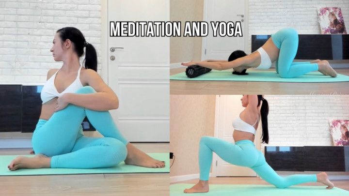 Slow Yoga Flow in Tight Blue Leggings and Bare Feet