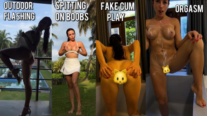 Outdoor flashing, modeling, spitting on boobs, fake cum play