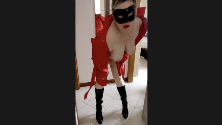 Knee high boots and red coat posing