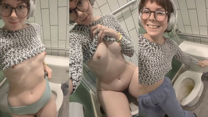 Cozy Hairy Girl Peeing in Public Bathroom