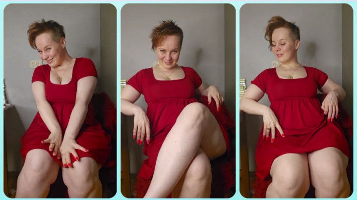 Teasing step-mommy in a red dress