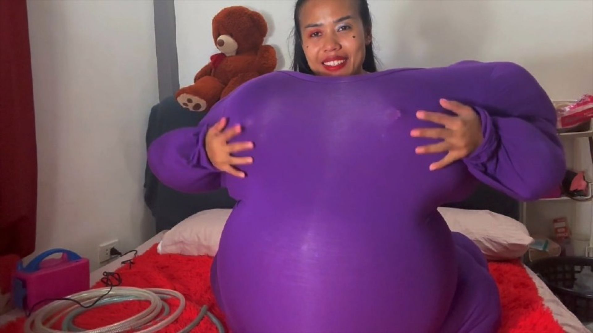 Camylle Stuffs Her Purple Jumper With Balloons And Cotton