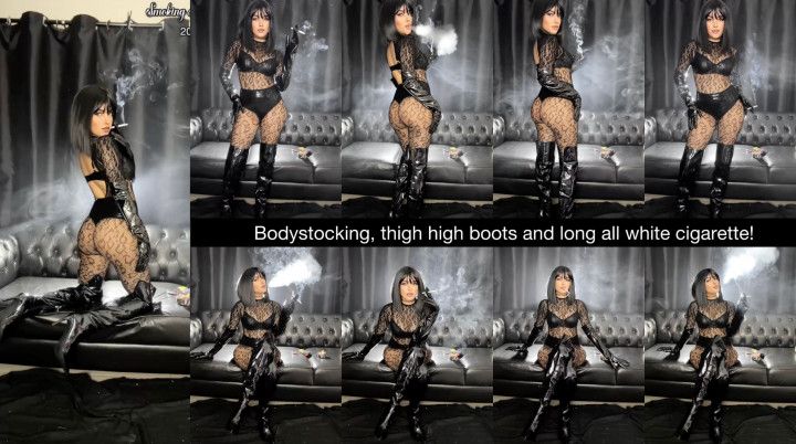 Leopard bodystocking, short black hair, long shiny gloves, t