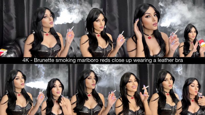 4K - Brunette smoking marlboro reds close up wearing a leath