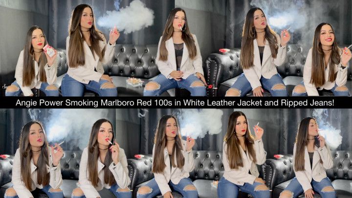 Angie Power Smoking Marlboro Red 100s in White Leather Jacke