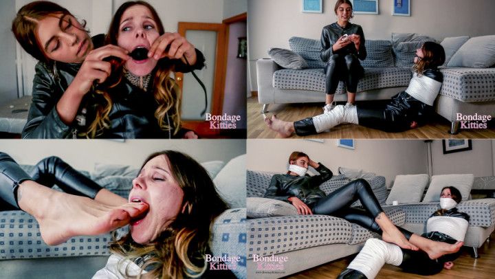 2 sexy girls in leather + bondage + feet