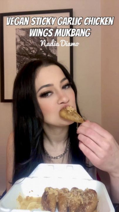 Eating Vegan Sticky Garlic Chicken Wings Mukbang