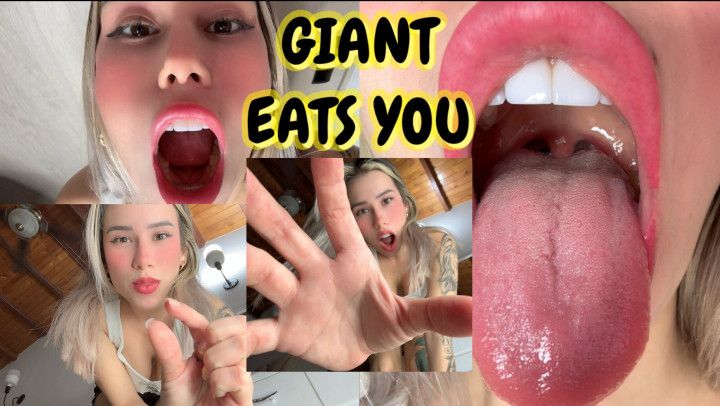 Giant woman eats little man as a snack