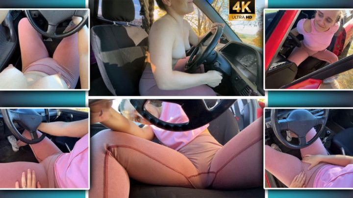 Cranking Sexy Girl in Leggings Shaking Tits in Car 4K