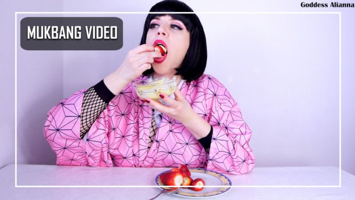 MUKBANG VIDEO - EATING STRAWBERRIES AND VANILLA PUDDING