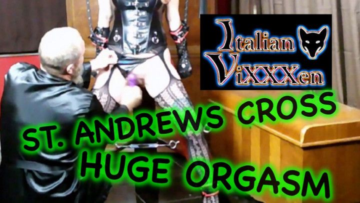 Cuffed to St Andrews Cross Orgasm