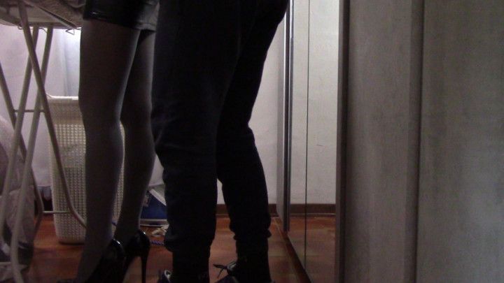 The milf with beautiful legs and pantyhose irons gets fucked