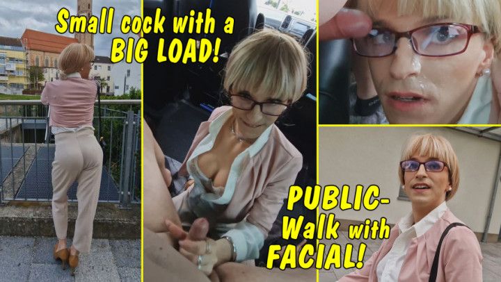 Small cock with a big load! Tranny public with cum in face