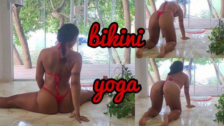 Latina doing Yoga and Stretching in a tiny bikini