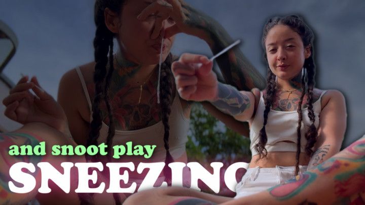 Naughty girl outside sneezes and plays with snot