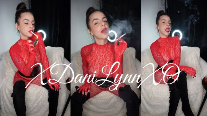 Smoking Wearing Red Lace Bodysuit