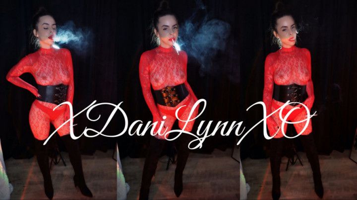Smoking Wearing Red Lace Bodysuit