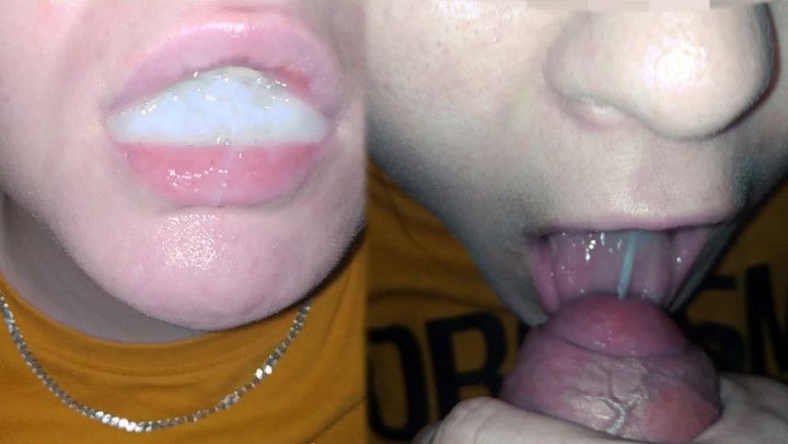 Swallowing mouthful of cum - close-up