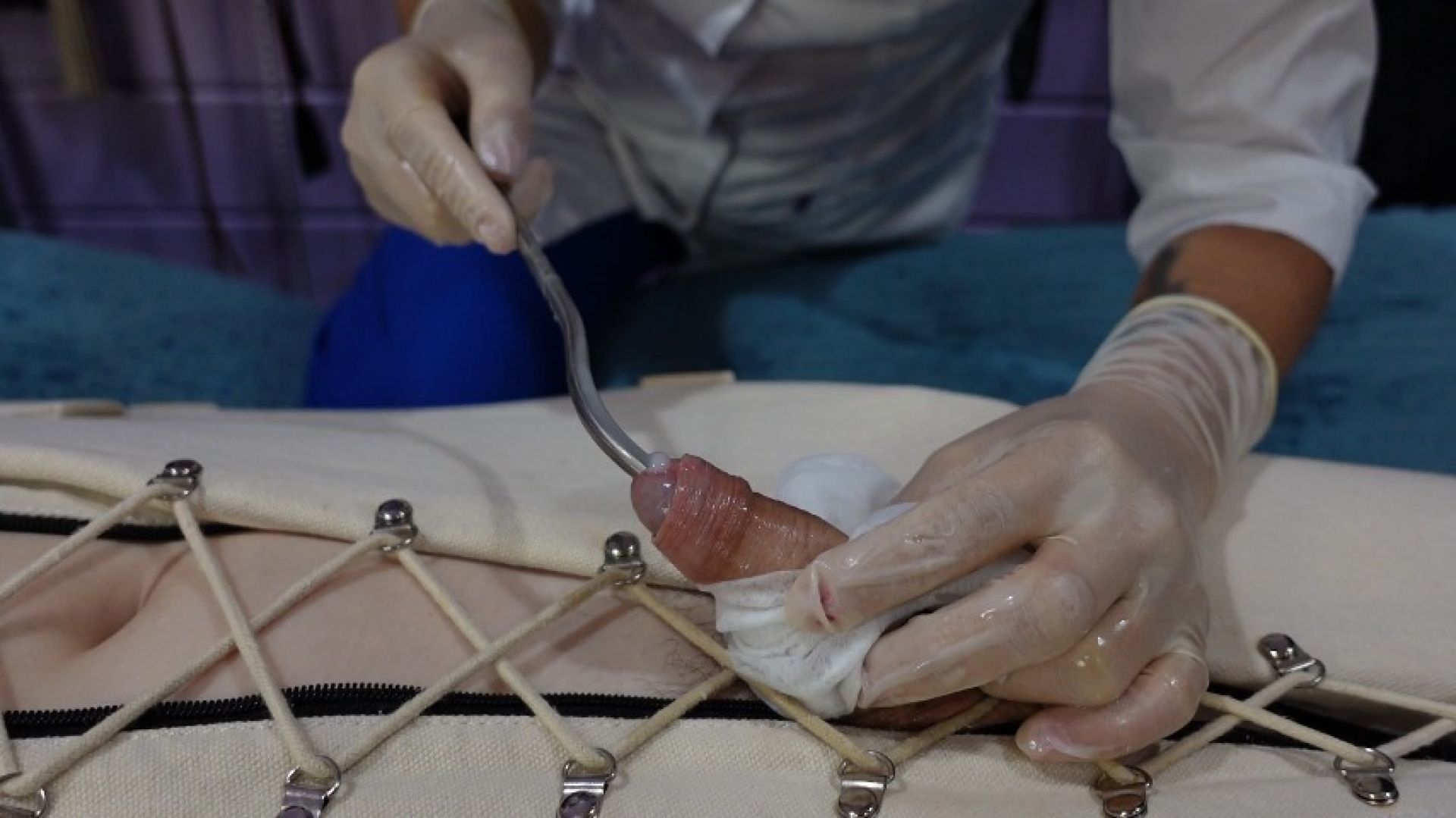 Medical fetish sounding of bondaged slave