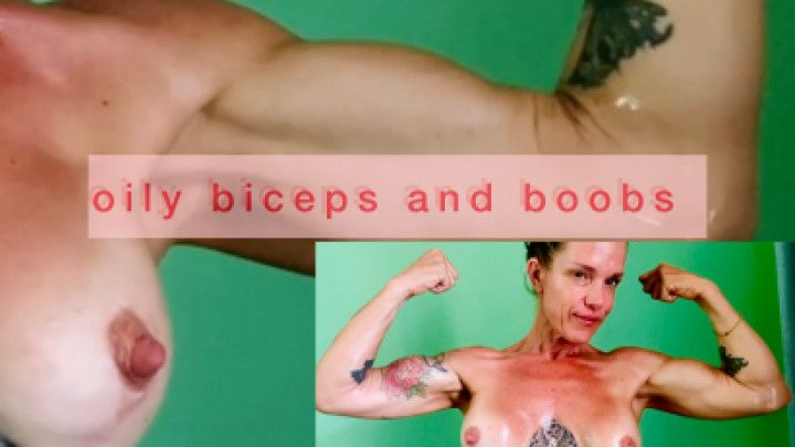 Oiling and flexing biceps and boobs
