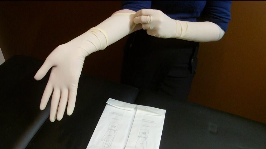 Handjob with latex surgical elbow gloves