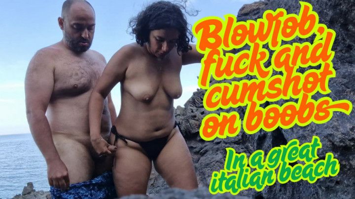 Blowjob, fuck and cumshot on boobs in a great italian beach