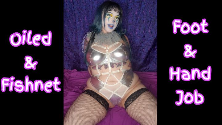 Oiled and Fishnet Clown Girl Foot and Handjob