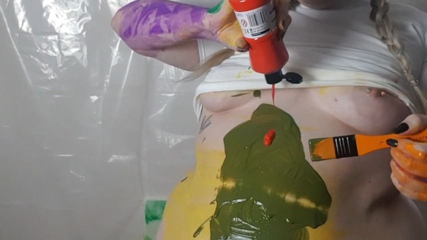 Messy Paint Sploshing Topless Fun pt1