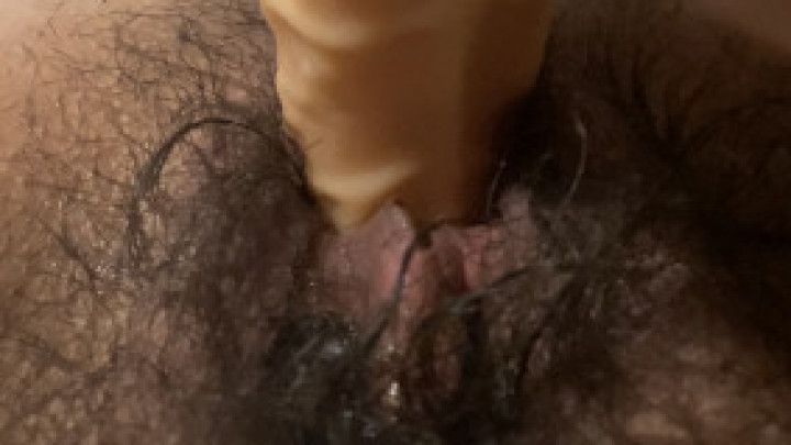 Hairy Tight Pussy Takes Huge Dildo