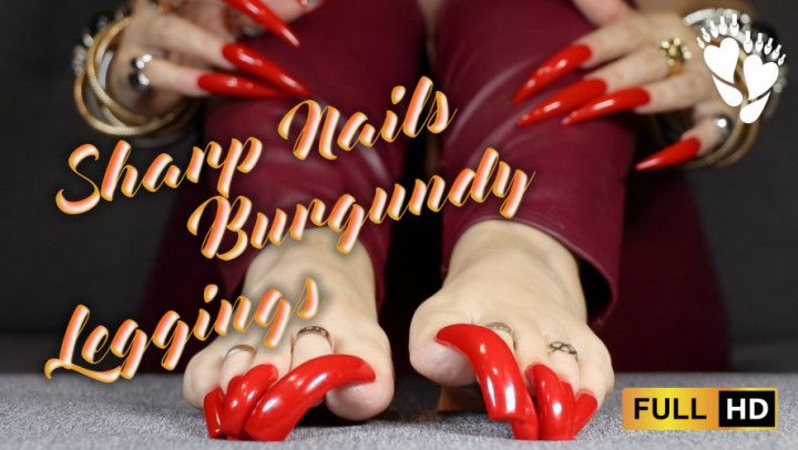 Red Long Nails and Burgundy Leggings