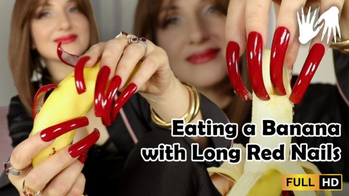 Eating a banana with long red nails