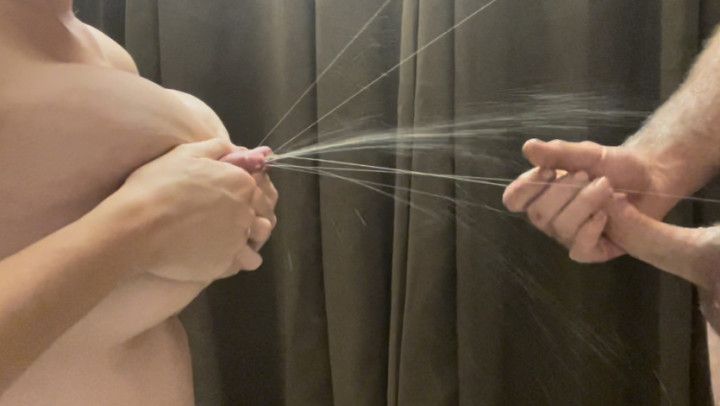 Spraying milk while my husband beats it