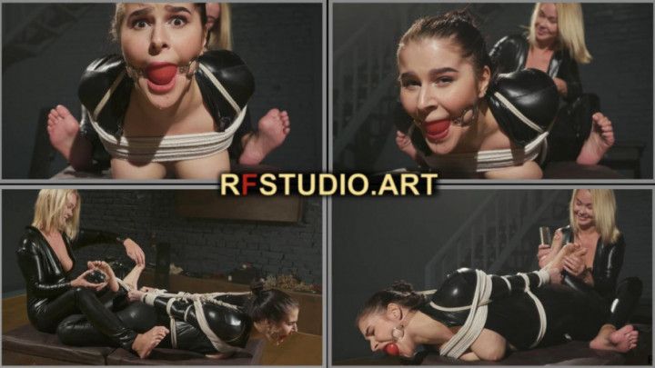 Pandora Hogtied in Catsuit - Gagged and Tickled by Darina