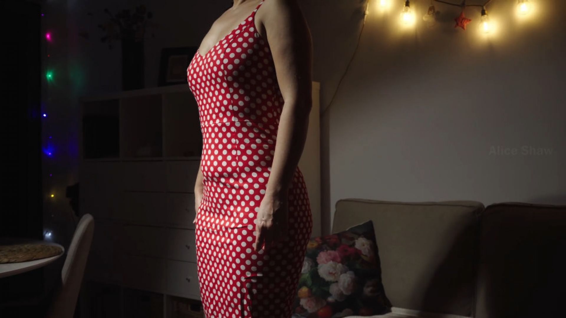 Red dotted dress and tights