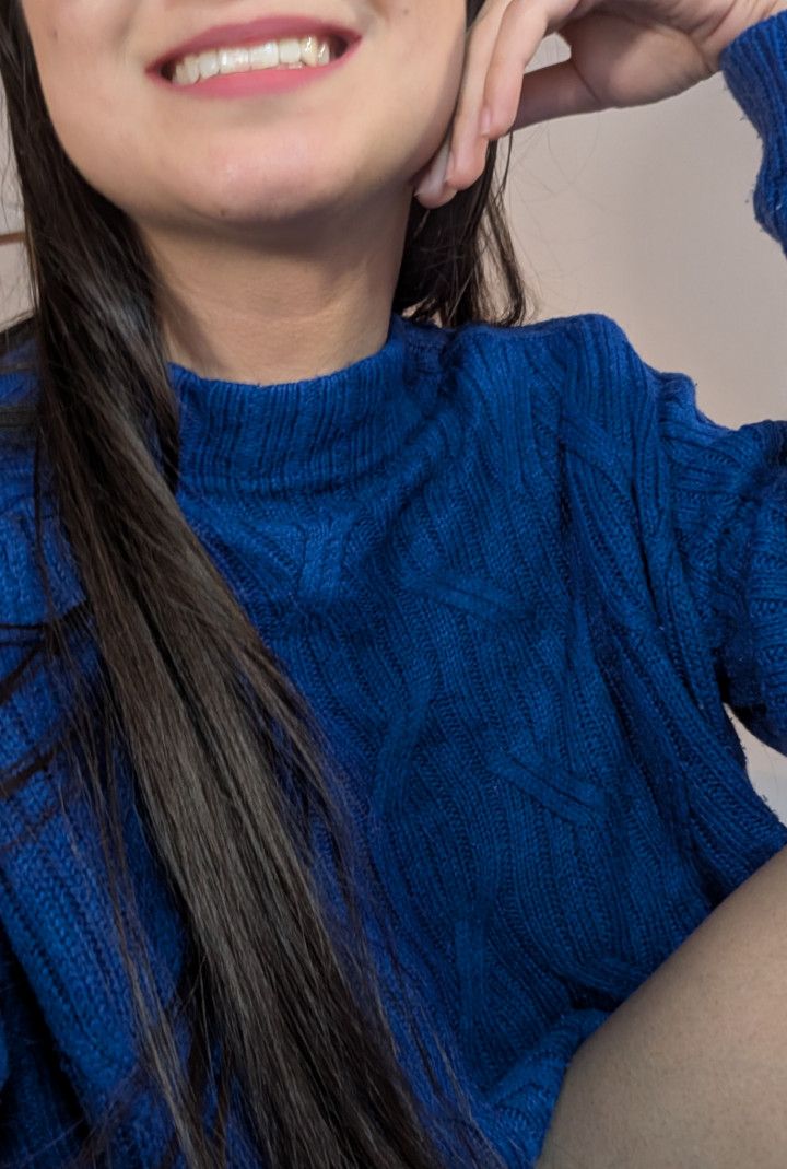 Blue sweater boob play