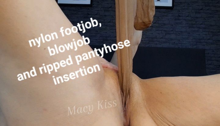 Nylon footjob, blowjob and ripped pantyhose insertion