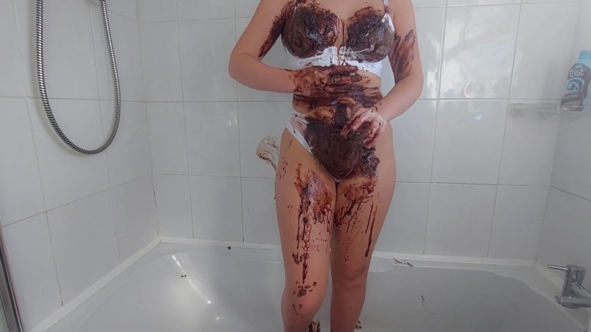 Stuffing my White Lingerie with chocolate cakes and sauce