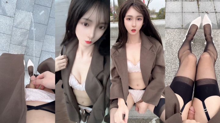 Transgirl Showing Her Lingerie and Girlcock Cum Pee Outdoor