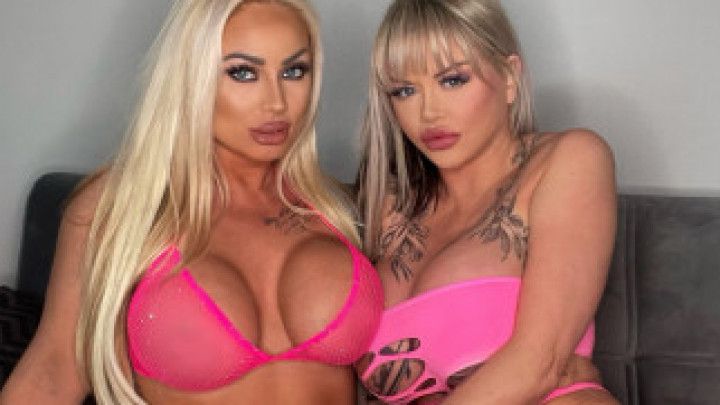 Blonde Big titted Bimbos fuck strap on &amp; double ended dildo