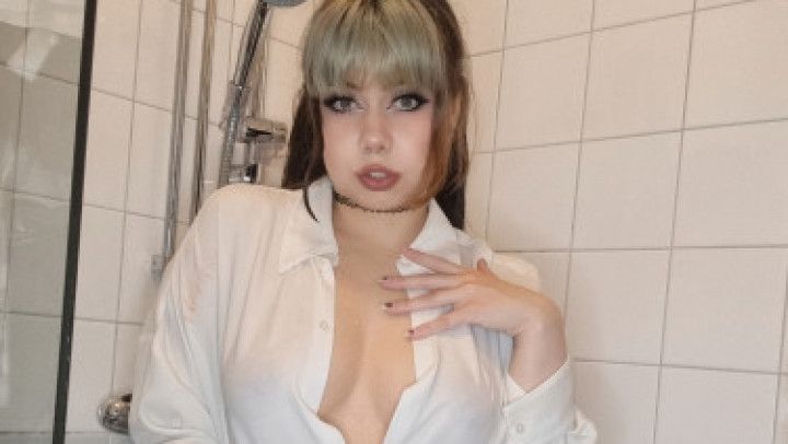 Wet shirt in shower, dildo masturbation and blowjob