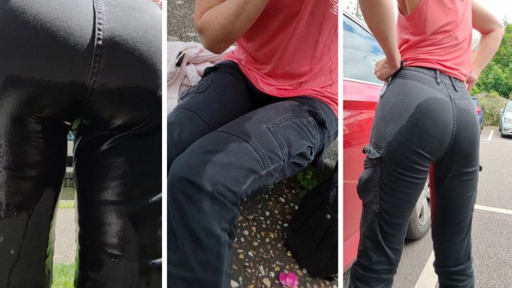 Public black cargo pants wetting