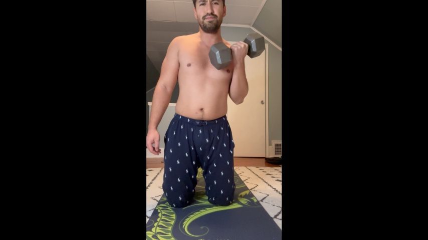 Shirtless burping while working out