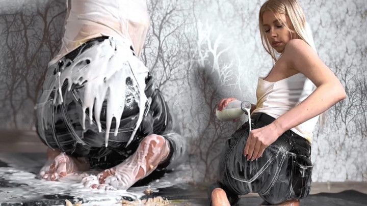 WAM food play, pussy play and cake humping in leather jeans