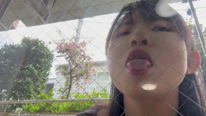 mako licking glass in front of cherry blossom tree