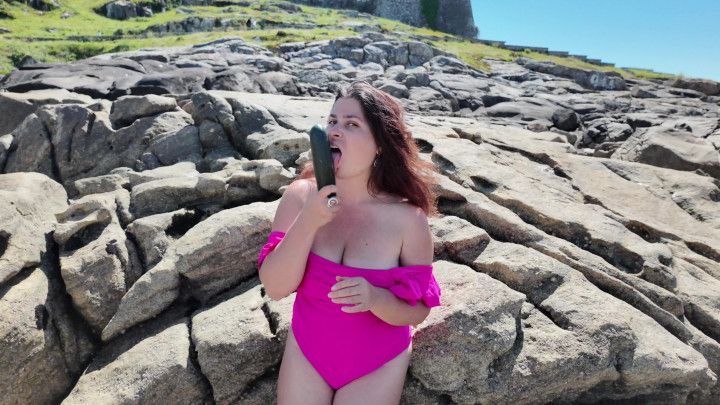 Curvy MILF Cumed with Big Exotic Dildo on the Beach 4k60fps